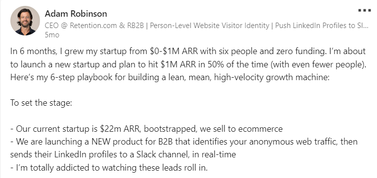 Adam Robinson LinkedIn post on lead generation strategies