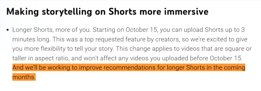 YouTube Shorts statement on 3 minute video recommendations