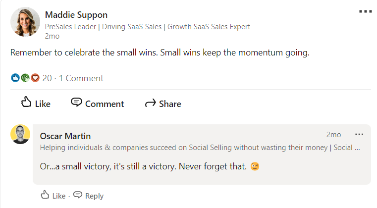 Maddie Suppon LinkedIn post on celebrating small wins