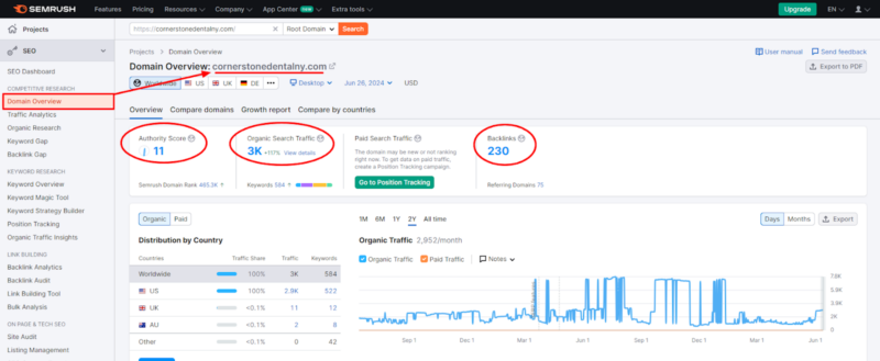 Semrush overview for Cornerstone Dental NY