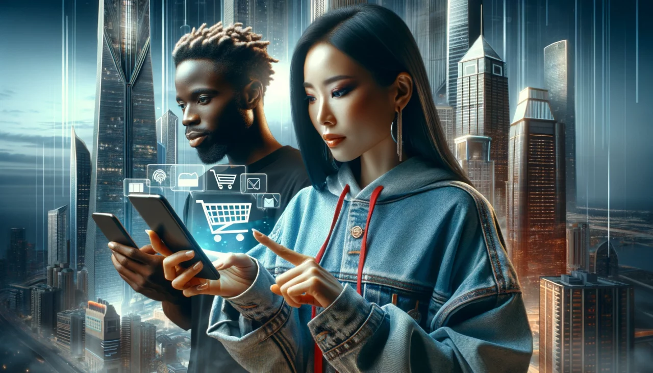 An Asian woman and an African man shopping on their smartphones against a backdrop of a cityscape